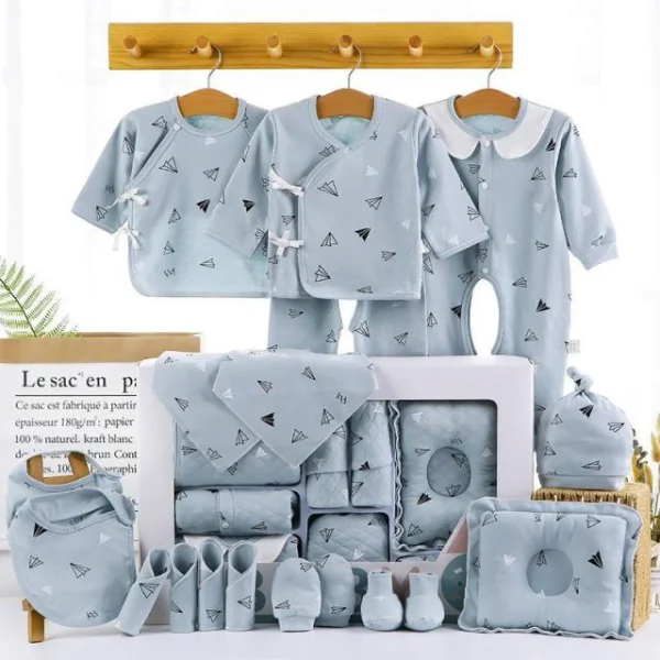 18 peças - Azul - Normal Enxoval de Bebê Ideal Para Lista de Presentes - 100% Algodão