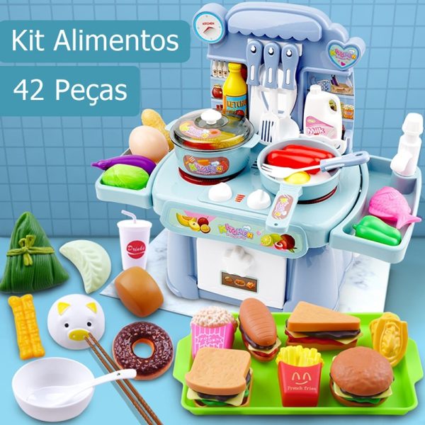 Cozinha Infantil Portátil Baby Chef com Acessórios Azul Padrão Alimentos