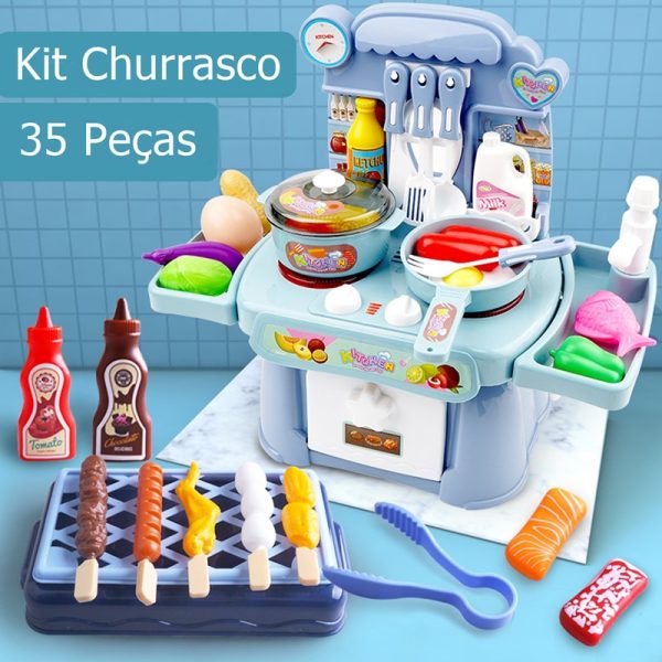Cozinha Infantil Portátil Baby Chef com Acessórios Azul Padrão Churrasco