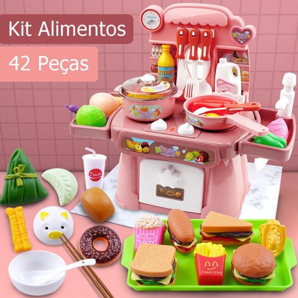Cozinha Infantil Portátil Baby Chef com Acessórios Rosa Padrão Alimentos