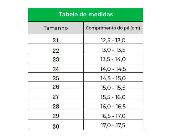 Tabela de Medidas - Tênis Infantil Com Lantejoula Star Light
