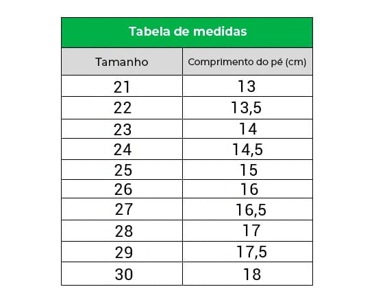 Tabela de tamanhos Tênis Infantil Estilo All Star Unissex atualizada