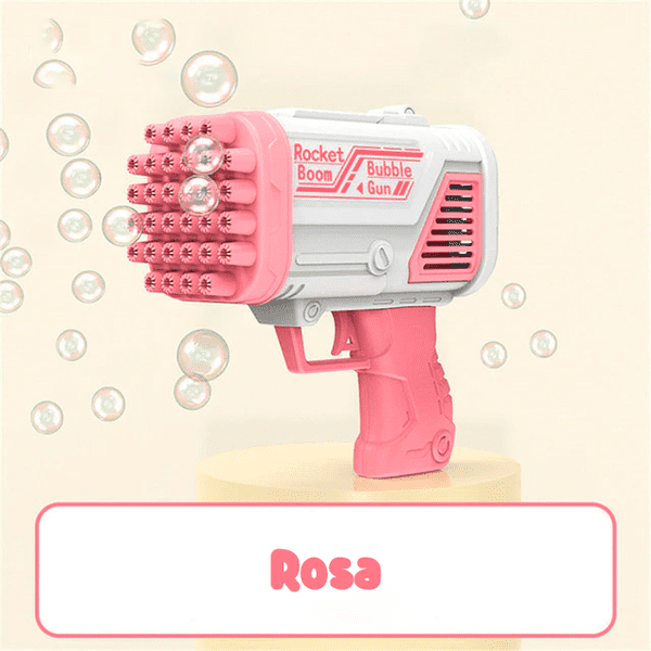 Máquina de bolhas de sabão rosa com um texto mostrando a cor