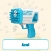 Máquina de bolhas de sabão azul com um texto mostrando a cor