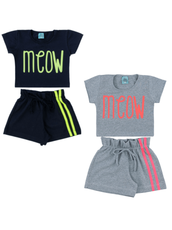 Conjunto Menina Meow - Estampado - 2 Blusas + 2 Shorts - Bebê Encanto